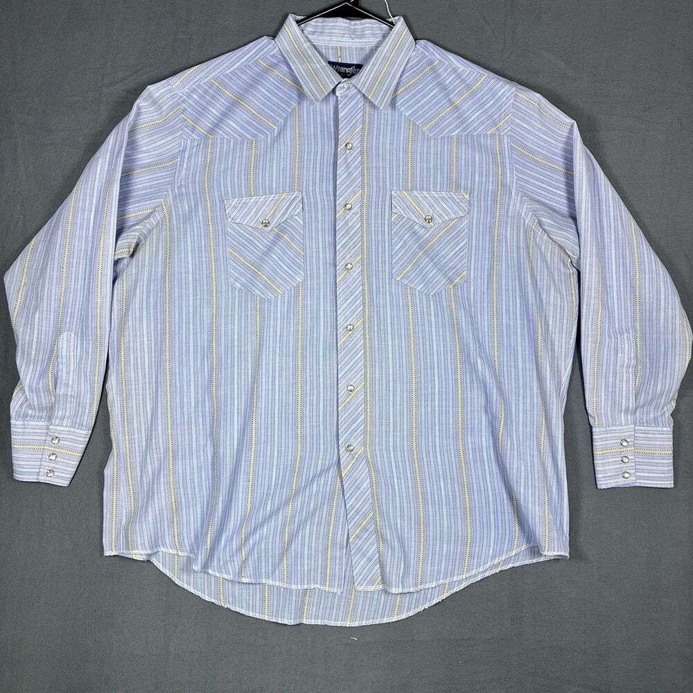 Vintage Wrangler Pearl Snap Shirt Mens XL Striped Long Sleeve White Blue